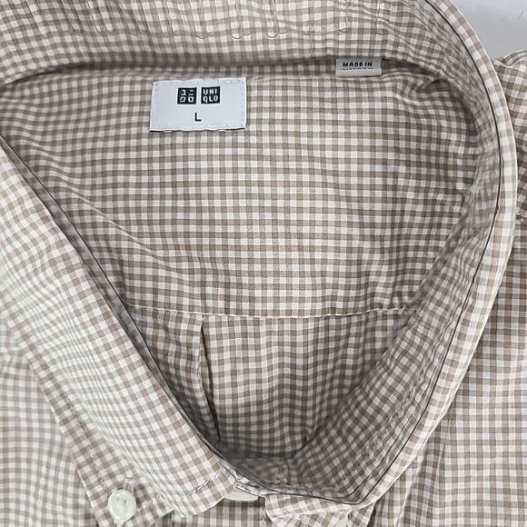 NWT UNIQLO Men's Broadcloth Long Sleeve Checkered Beige White Sz L - Picture 2 of 4